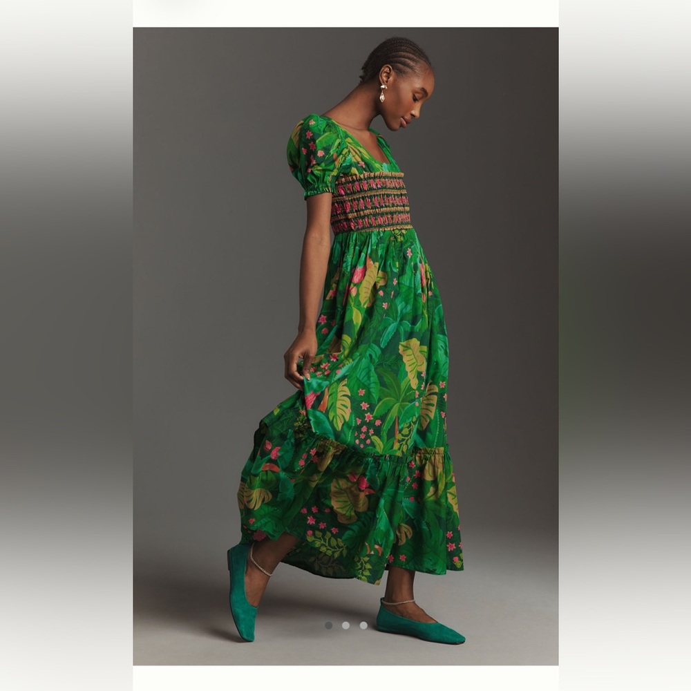 NWT FARM Rio x Anthropologie Short Sleeve Sqaure Neck Ruched Maxi Dress size sm